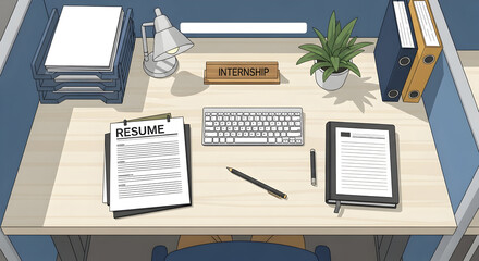Internship Workspace Featuring Resume On The Desk And Office Supply Arrangement