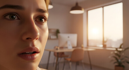 Intrigued Gaze Of A Young Woman In A Bright Modern Home Office