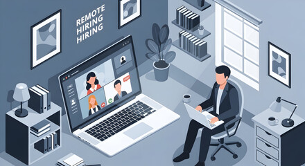 Isometric Businessman In Virtual Meeting From Home Office For Online Job Hiring