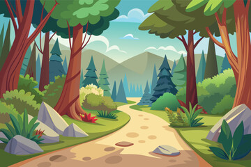 Vibrant forest path with rolling hills and lush trees