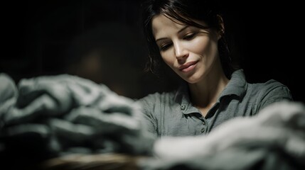 Woman carefully folding fresh laundry in her home