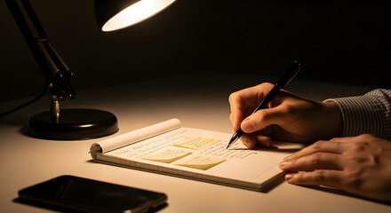 Late Night Planning Session With Notepad Under Desk Lamp Light