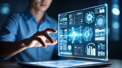Futuristic Technology Concept Young Man Interacting with Digital Display Analyzing Data and Charts Future of Computing and Innovation