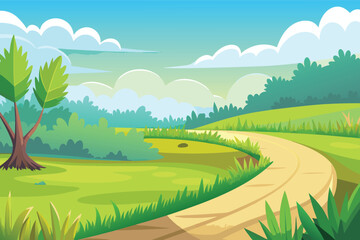 Obraz premium Cartoon countryside road with green hills and blue sky
