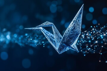 Digital origami crane in a network of glowing blue connections