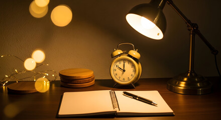 Late Night Study Session With Desk Lamp Notebook And Clock Close Up