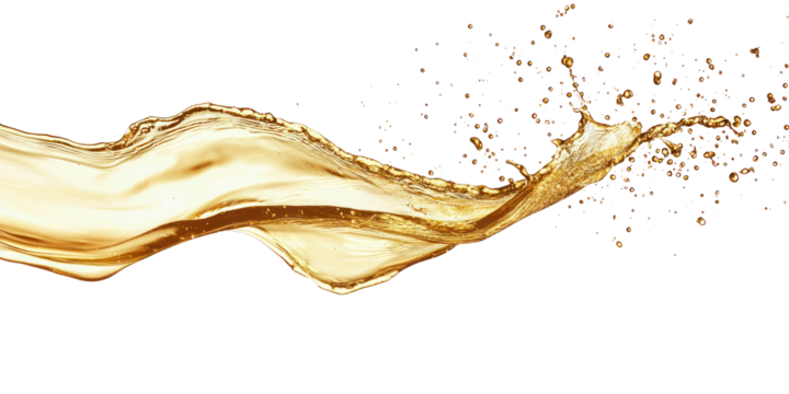 A dynamic splash of gold paint caught mid-air, with trails of golden liquid suspended around it, against a simple transparent background
