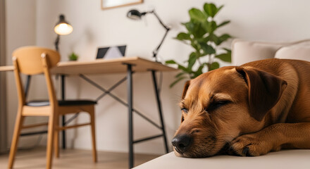 Lazy Afternoon Nap Relaxed Dog Sleeping On Couch In Minimalist Home Office