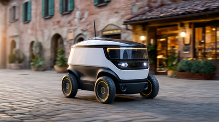 Delivery robot navigates cobblestone street beside bustling restaurant. Warm evening light illuminates charming architecture and lively atmosphere. Concept of technology, urban delivery, convenience