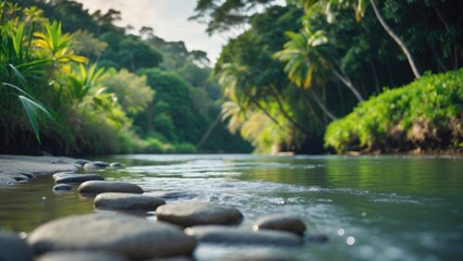 Lush tropical rainforest along a river, vibrant green foliage, calm water, natural landscape, serene environment, and peaceful scenery.