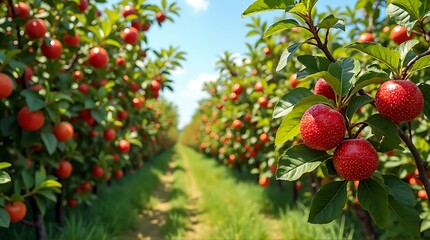 Obraz premium Lush apple orchard with rows of trees laden with ripe red apples under a bright sky.
