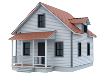 White cottage with porch, dormer window and red roof. 3d illustration transparent background