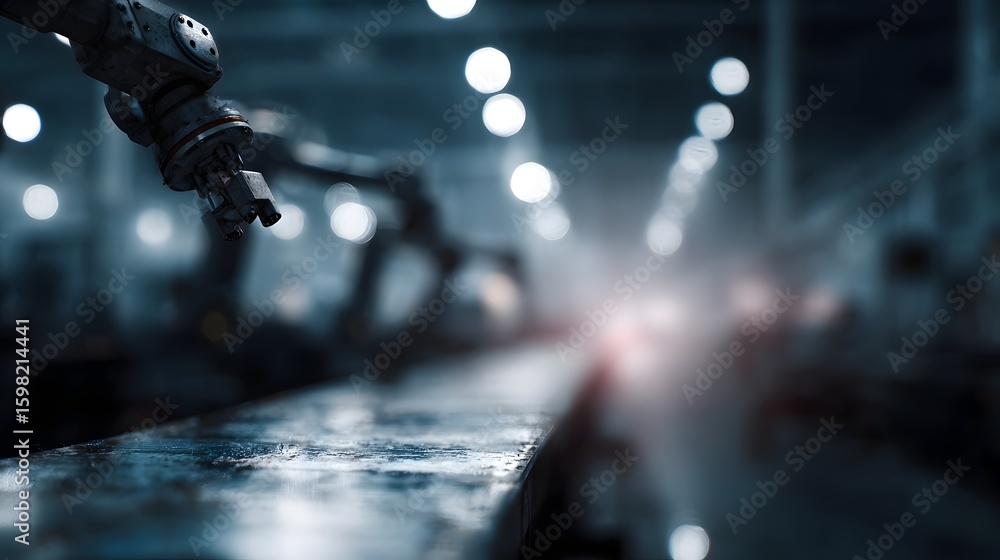 Poster industrial robots assembling electronic components in a high tech factory setting