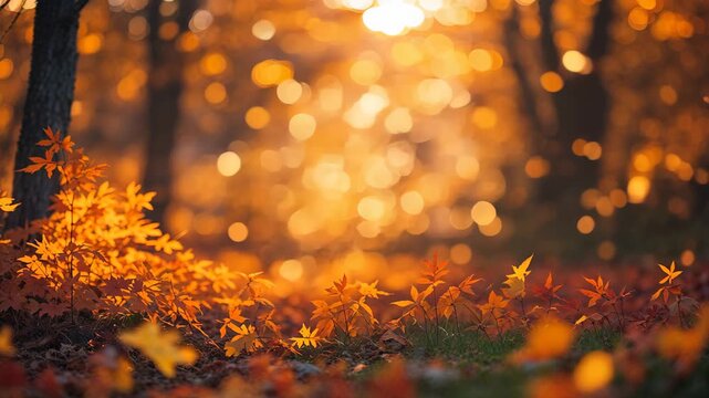 Radiant Fall Foliage and Golden Hour Bokeh Ambiance in Nature Backdrop
