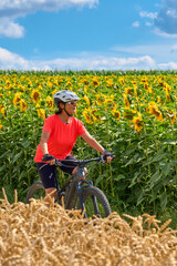 nice and active senior woman cycling with her electric mountain bike between field of blooming sunflowers an gold wheat, Stuttgart, Germany
