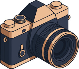 Isometric 35mm Film Camera Illustration | Retro Camera in Navy Blue and Rose Gold