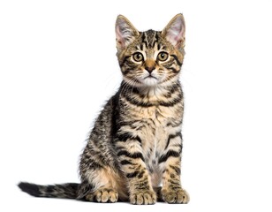 Adorable Tabby Kitten Posing Against White Background Sitting Young Feline Soft Fur Striking Eyes Cute Pet Domestic Cat Small Mammal  CloseUp Portrait Wildlife Photography Animal Image
