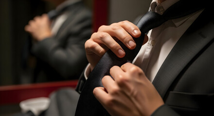 Man Preparing For A Formal Event Adjusting The Black Tie In Front Mirror