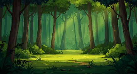 Cartoon Forest with Sunlight, Green Grassy Clearing and Tall Trees
