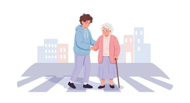 Helping elderly woman cross street at crosswalk