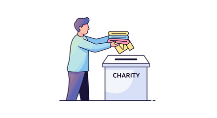 Man donating clothes to charity box for helpful cause