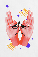 Vertical pop art poster banner collage of hands show palms sad emoji eyeball mouth depressed mood non-verbal communication