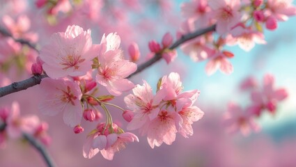 Obraz premium Cherry blossoms with pink flowers and buds on a branch. Springtime nature scene. Blooming tree with delicate petals in soft colors.