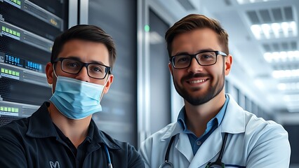Two technicians working in a data center with server racks softly blurred behind them.