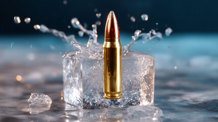Bullet creates splashes above ice block in serene water setting. Captures motion with striking details against dark background. Concept of firearms, safety training, outdoor adventure