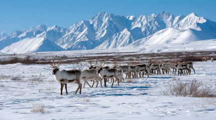 Rear view of a reindeer herd crossing a snow-covered valley with distant mountains