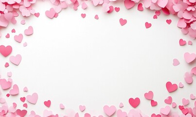 Pink Paper Hearts Border on White Background, Romantic Decorative Love Elements
