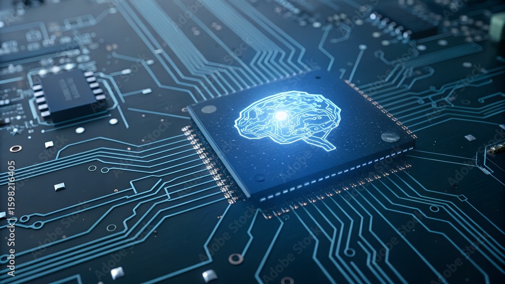 Aufkleber close up of a computer processor chip with a glowing blue digital brain symbolizing artificial intel