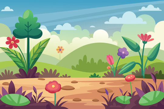 Vibrant cartoon meadow with blooming flowers and rolling hills