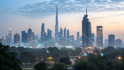 Modern cityscape with futuristic digital network overlay connecting tall skyscrapers at dusk