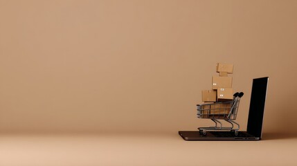 Fototapeta premium Shopping Cart Loaded with Boxes on Laptop, Minimalist Design, Indoor Environment, Focused Viewpoint