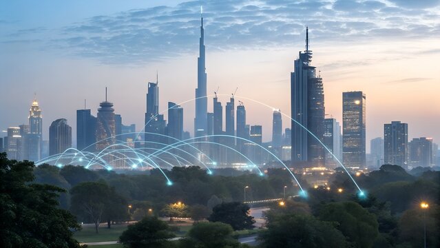 Modern cityscape with futuristic digital network overlay connecting tall skyscrapers at dusk