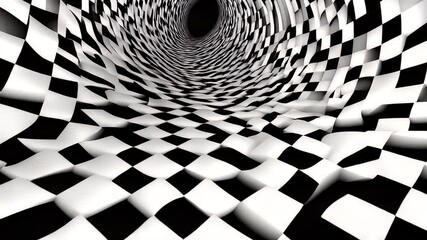 Black and white checkered pattern forming a warped tunnel, converging into a dark, oval point