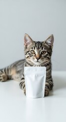 Obraz premium A tabby cat lying next to a blank white food pouch