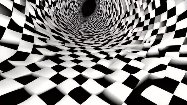 Black and white checkered pattern forming a warped tunnel, converging into a dark, oval point