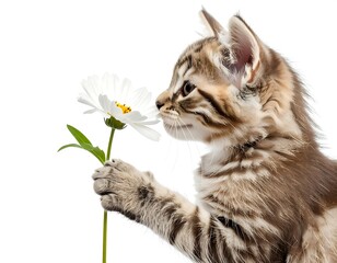 Adorable fluffy kitten gently holds and sniffs a delicate white daisy flower showcasing its playful curiosity and soft fur against a bright white background