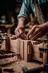 A skilled artisan works diligently, shaping a wooden piece with hand tools in a rustic workshop filled with the aroma of fresh sawdust. Sunlight filters through the windows
