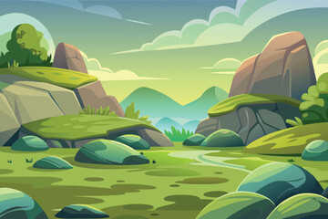 Lush green valley with rocky outcrops and rolling hills