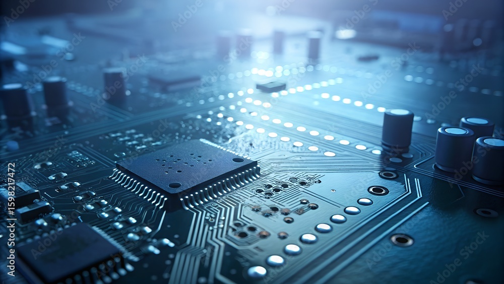 Poster close up view of a complex electronic circuit board with glowing blue lights and intricate pathways