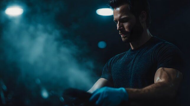 Worker disinfecting gym equipment with focused attention