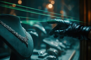 Stealing jewels. Jeweler is alarmed by lasers at storefront. Security concept