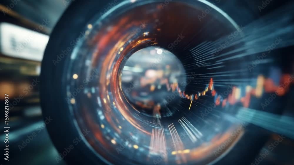 Poster a swirling, digital vortex with data visualization elements graphs, lines, and color gradients