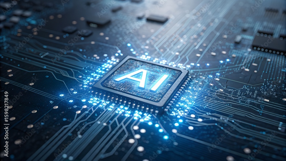 Aufkleber glowing ai chip on a complex circuit board with intricate blue light pathways representing artificia