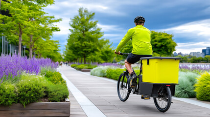 Cyclist rides bright yellow cargo bike along wooden path surrounded by lush greenery and blooming purple flowers