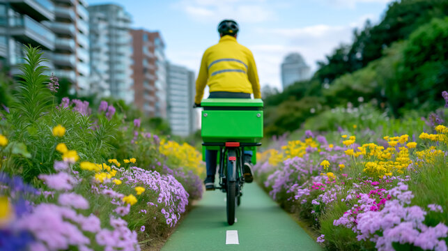 Cyclist rides on green bike lane surrounded by colorful flowers and green plants. Urban environment with modern buildings in background