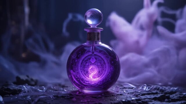 Mystical Elixir: A captivating potion bottle amidst swirling ethereal smoke and glowing magic